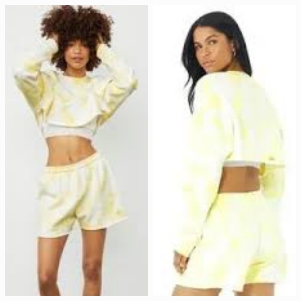 alo Yoga 2pc Extreme Crop Sweatshirt rough hem Sweatshort in Buttercup sz Sm Md